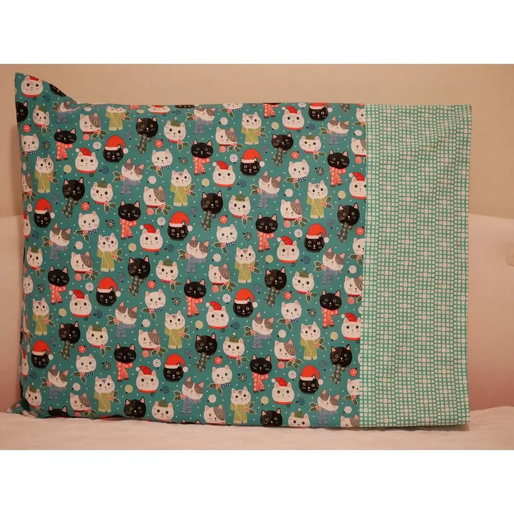 Handmade Christmas Kittens Pillowcases, Northcott Cotton Print, Turquoise Set